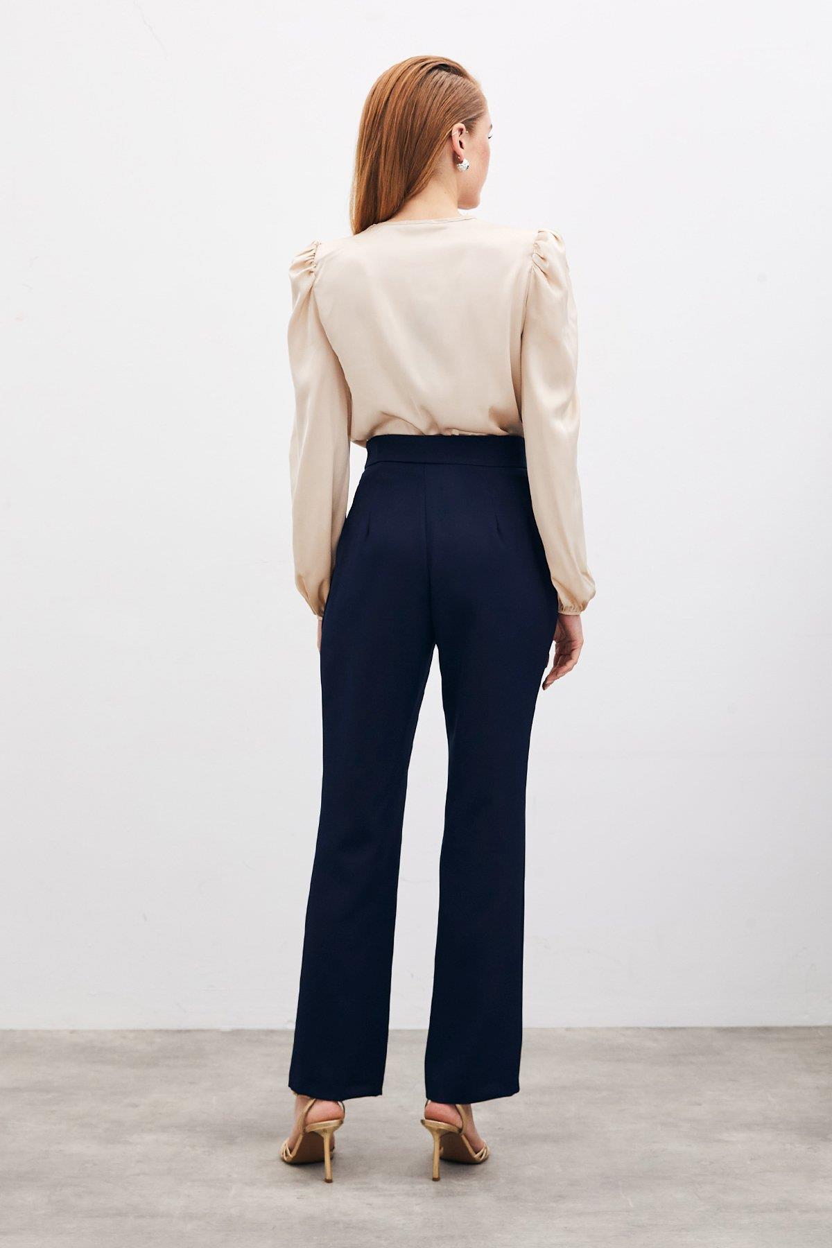 Wholesale Women's Navy Trousers with Accessory Detail 0033-1113-5007