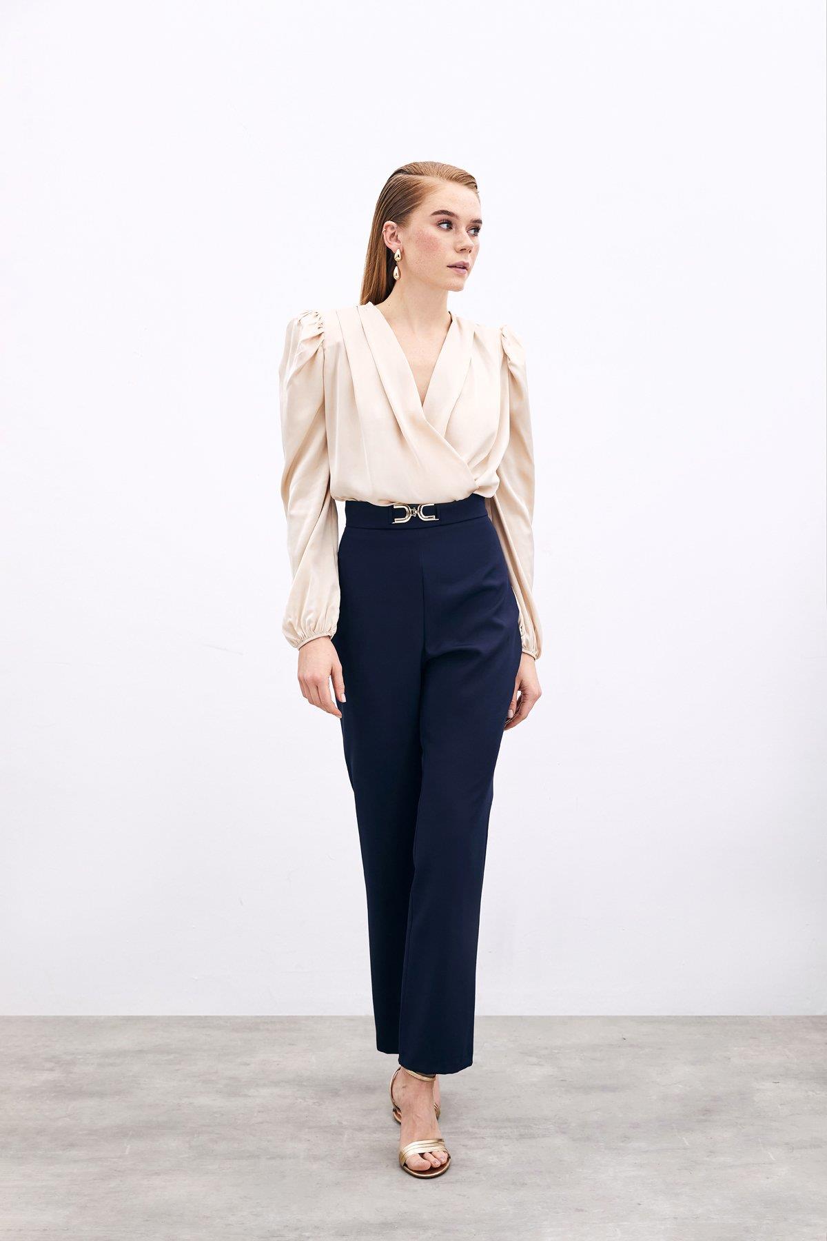 Wholesale Women's Navy Trousers with Accessory Detail 0033-1113-5007