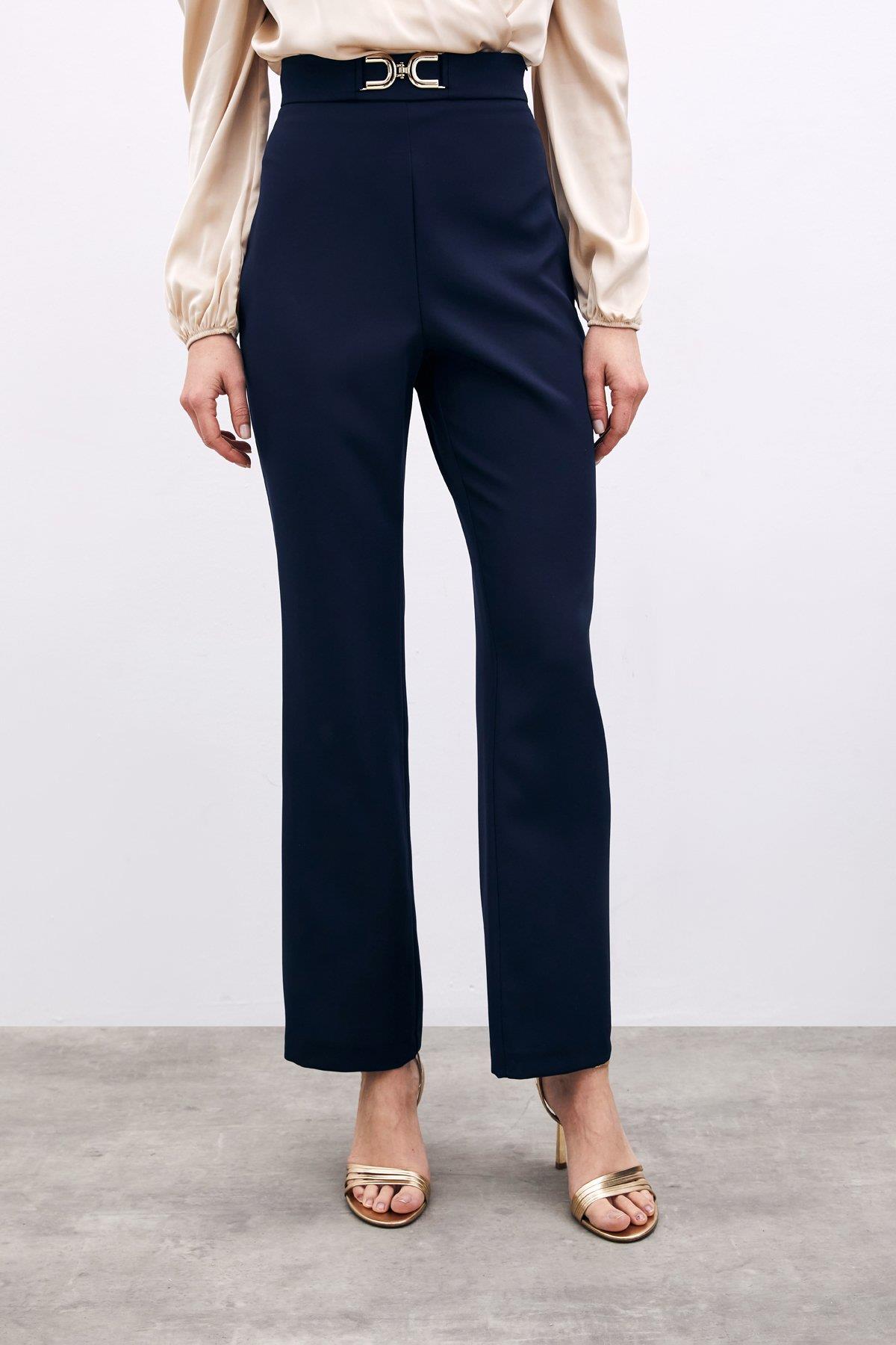 Wholesale Women's Navy Trousers with Accessory Detail 0033-1113-5007