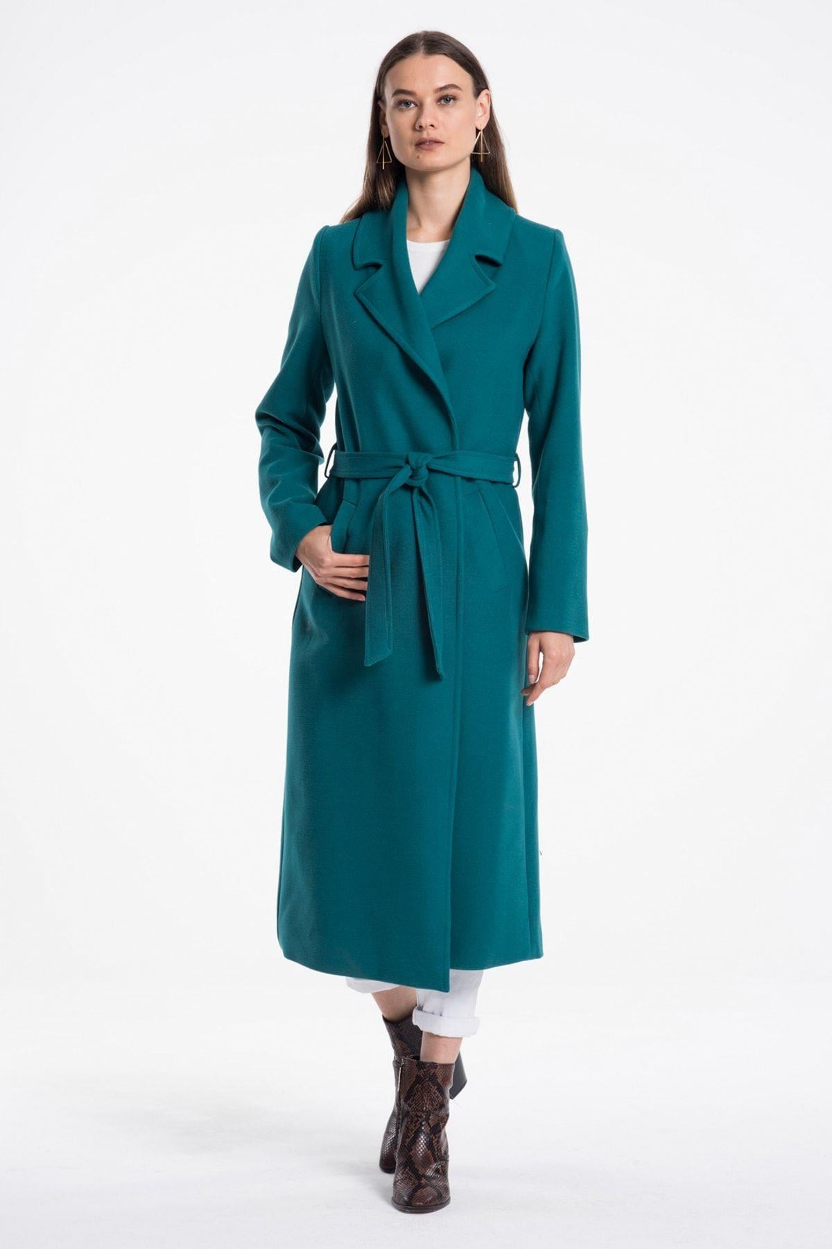 Wholesale Women's New Petrol Blue Long Pocketed Lined Belted Coat