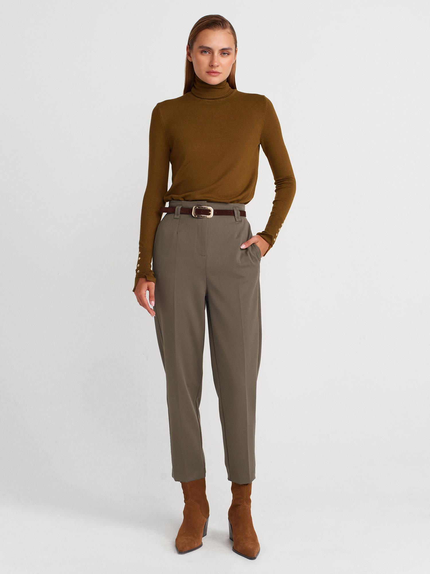Wholesale Women's Olive Green Turtleneck Knit Sweater with Snap-Button Wide Cuffs 0431W26-1268
