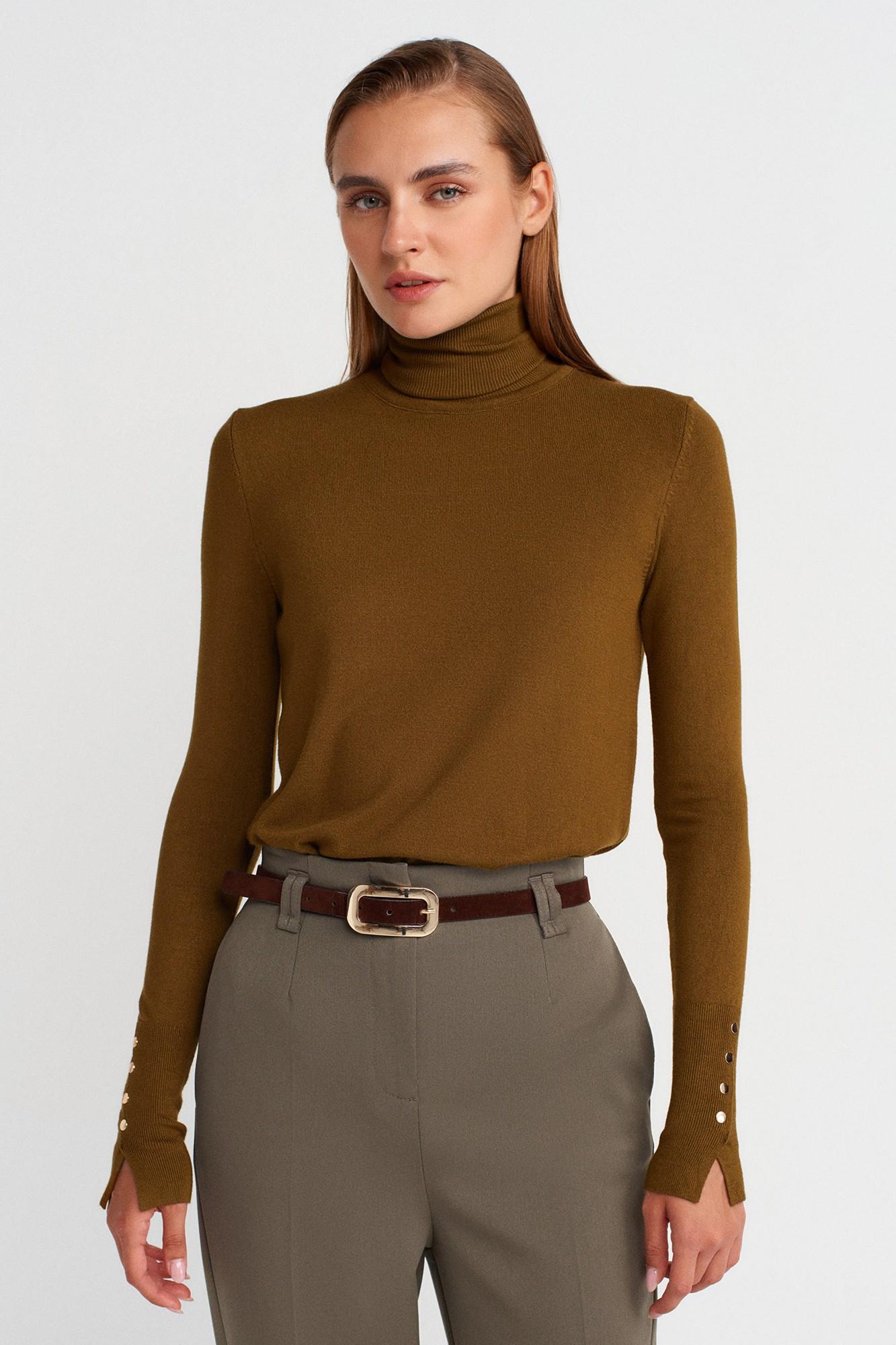 Wholesale Women's Olive Green Turtleneck Knit Sweater with Snap-Button Wide Cuffs 0431W26-1268