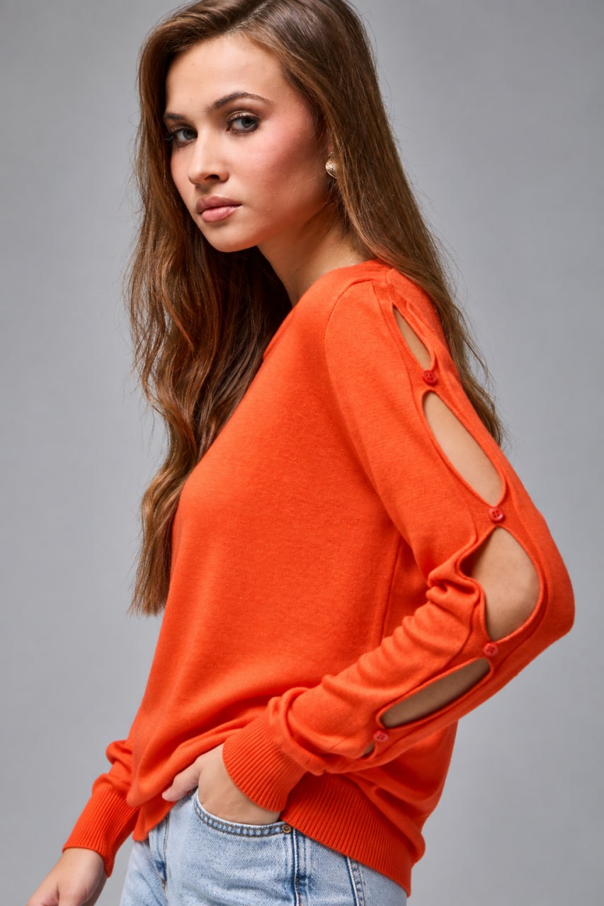 Wholesale Women's Orange Buttoned Cut-Out Sleeve Knit Sweater 0037-3727