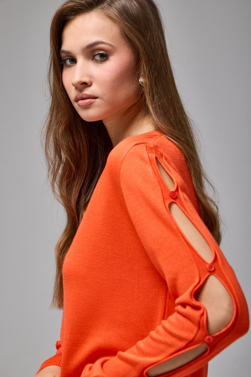 Wholesale Women's Orange Buttoned Cut-Out Sleeve Knit Sweater 0037-3727