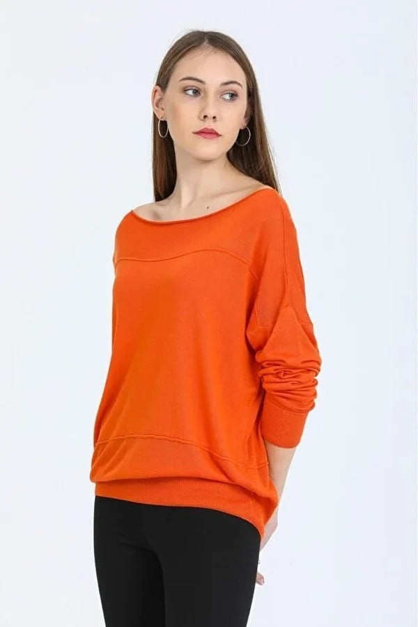 Wholesale Women's Orange Fine Knit Sweater with Boat Neck and Drop Shoulders 0037-8540