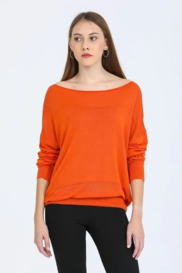 Wholesale Women's Orange Fine Knit Sweater with Boat Neck and Drop Shoulders 0037-8540