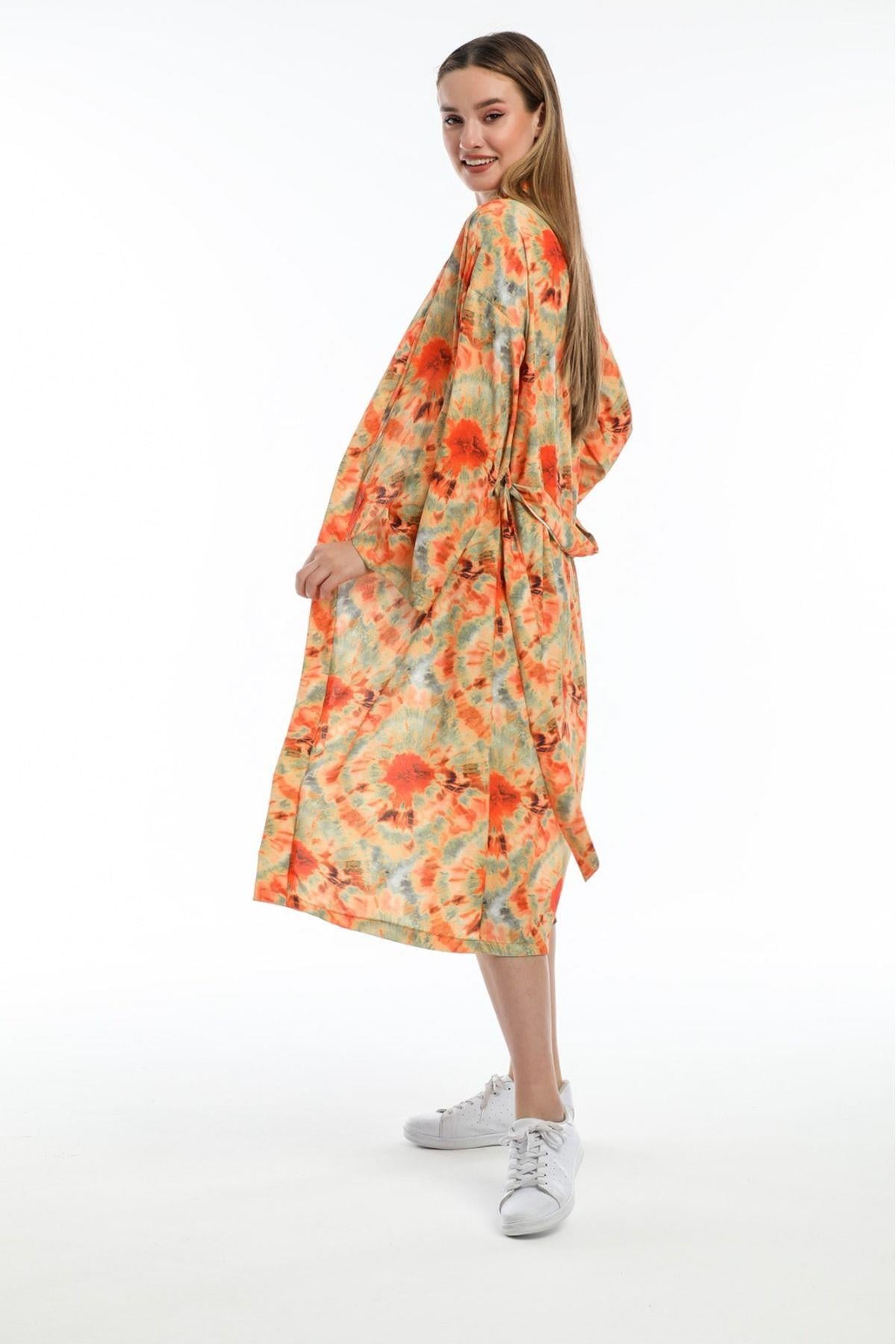 Wholesale Women's Orange Green Mixed Pattern Summer Kimono