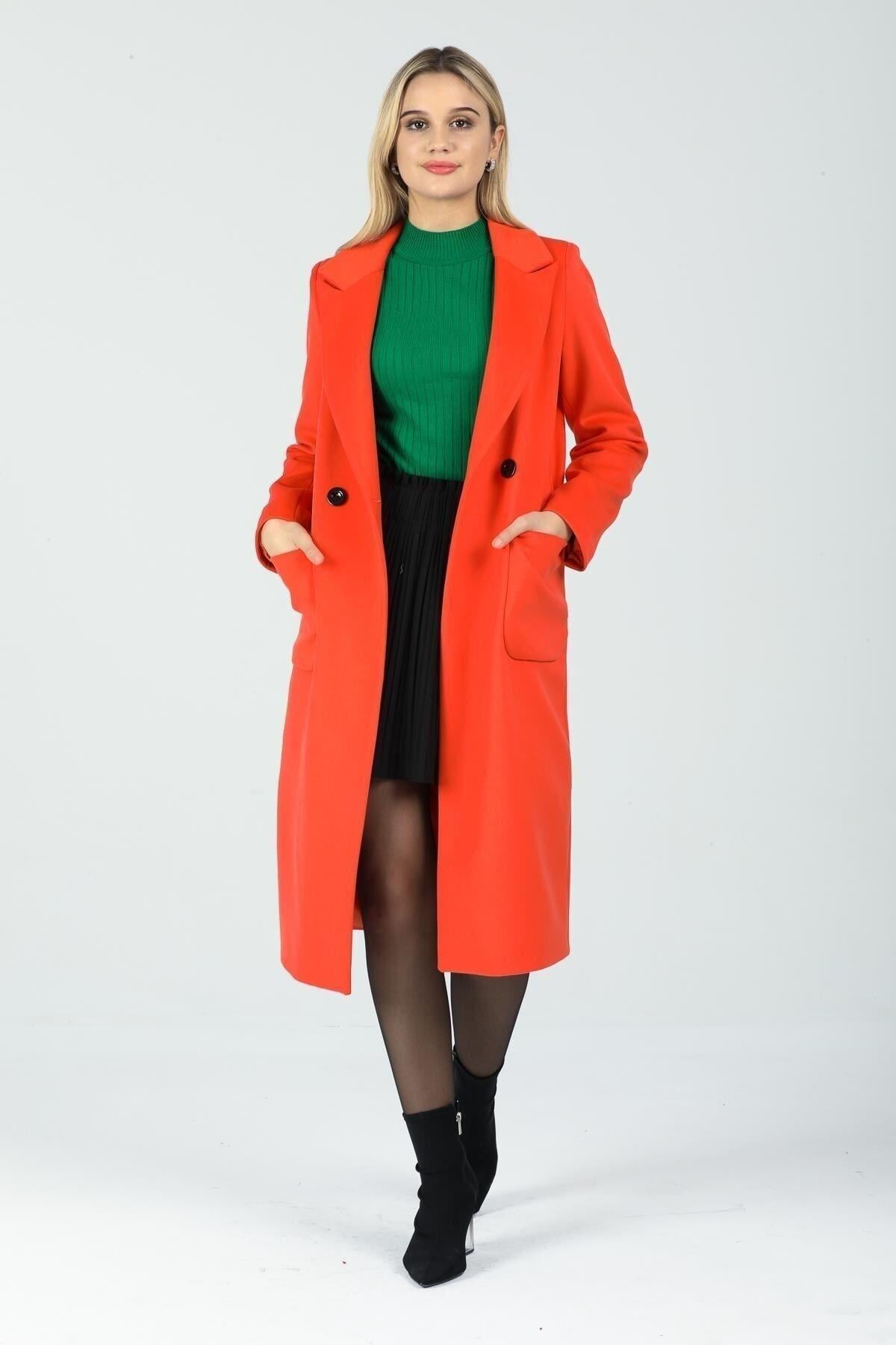 Wholesale Women's Orange Wool Buttoned Coat