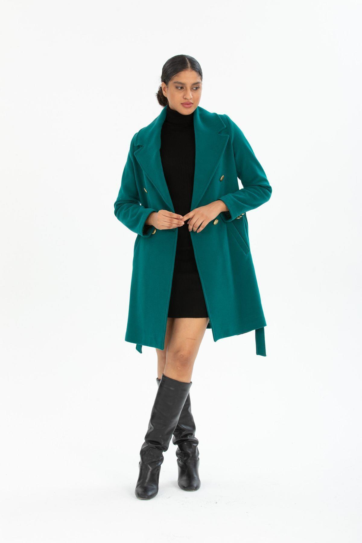 Wholesale Women's Petrol Gold Buttoned Belted Lapel Lined Coat