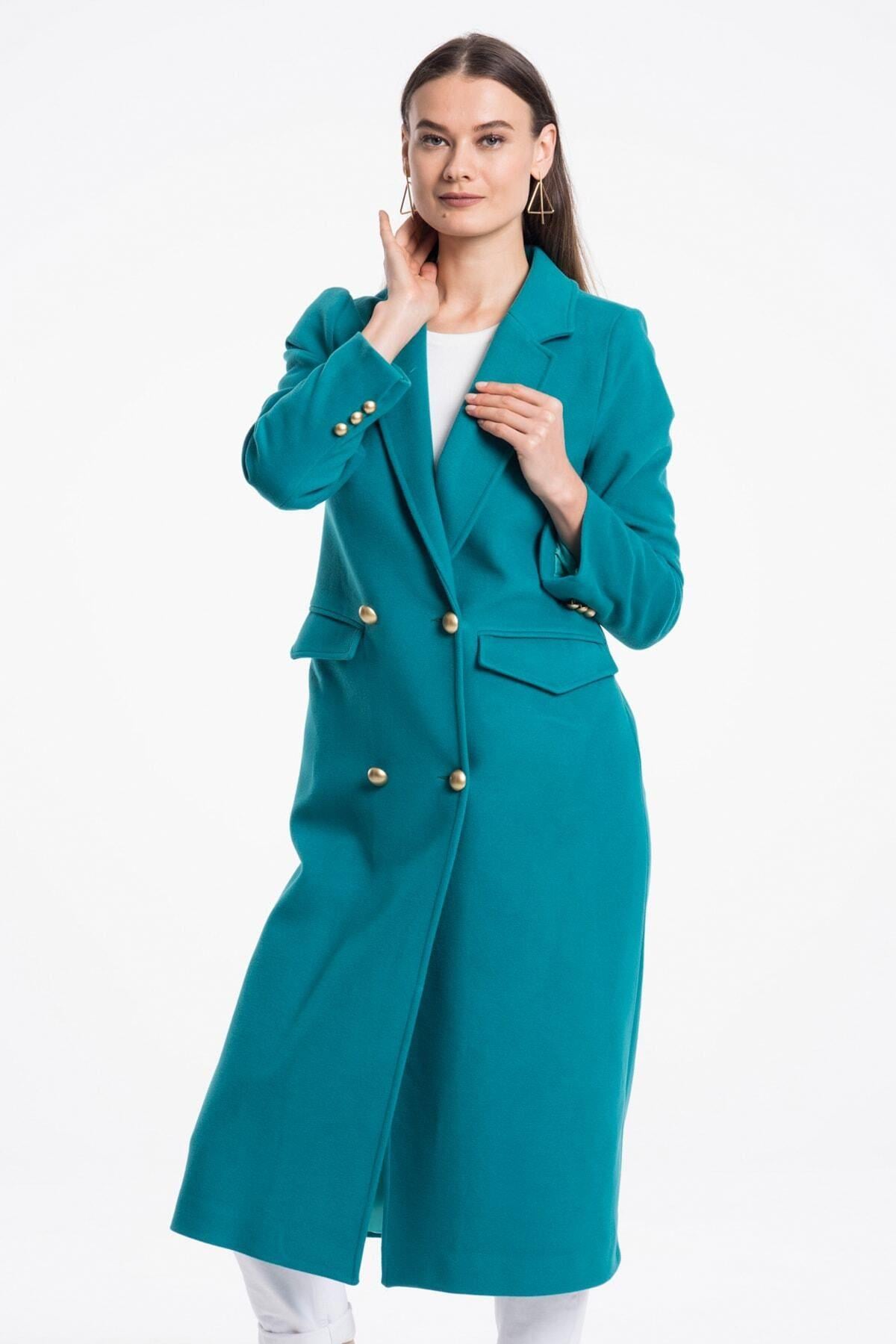 Wholesale Women's Petrol Gold Buttoned Long Coat