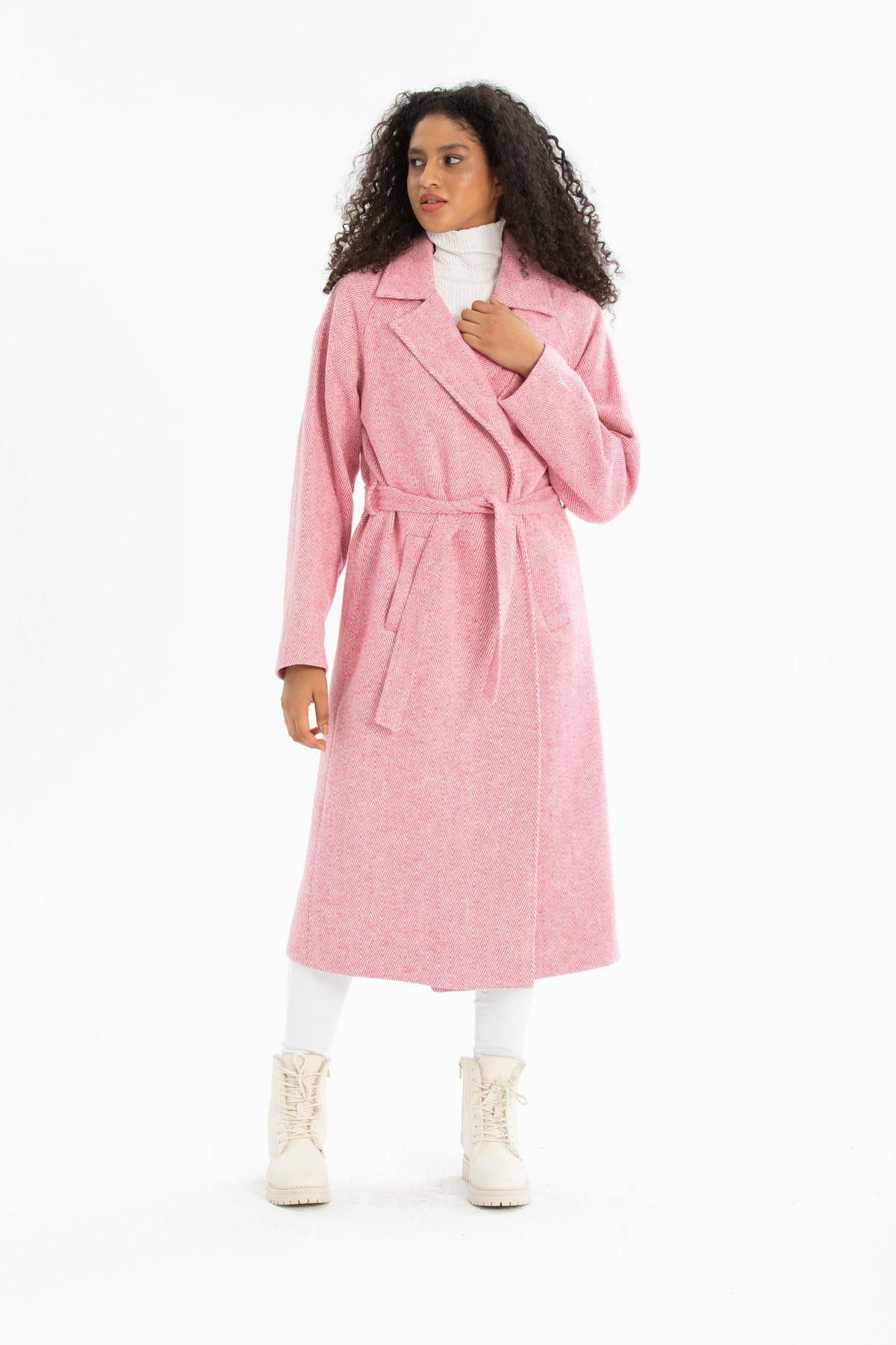 Wholesale Women's Pink Herringbone Lined Belted Long Coat