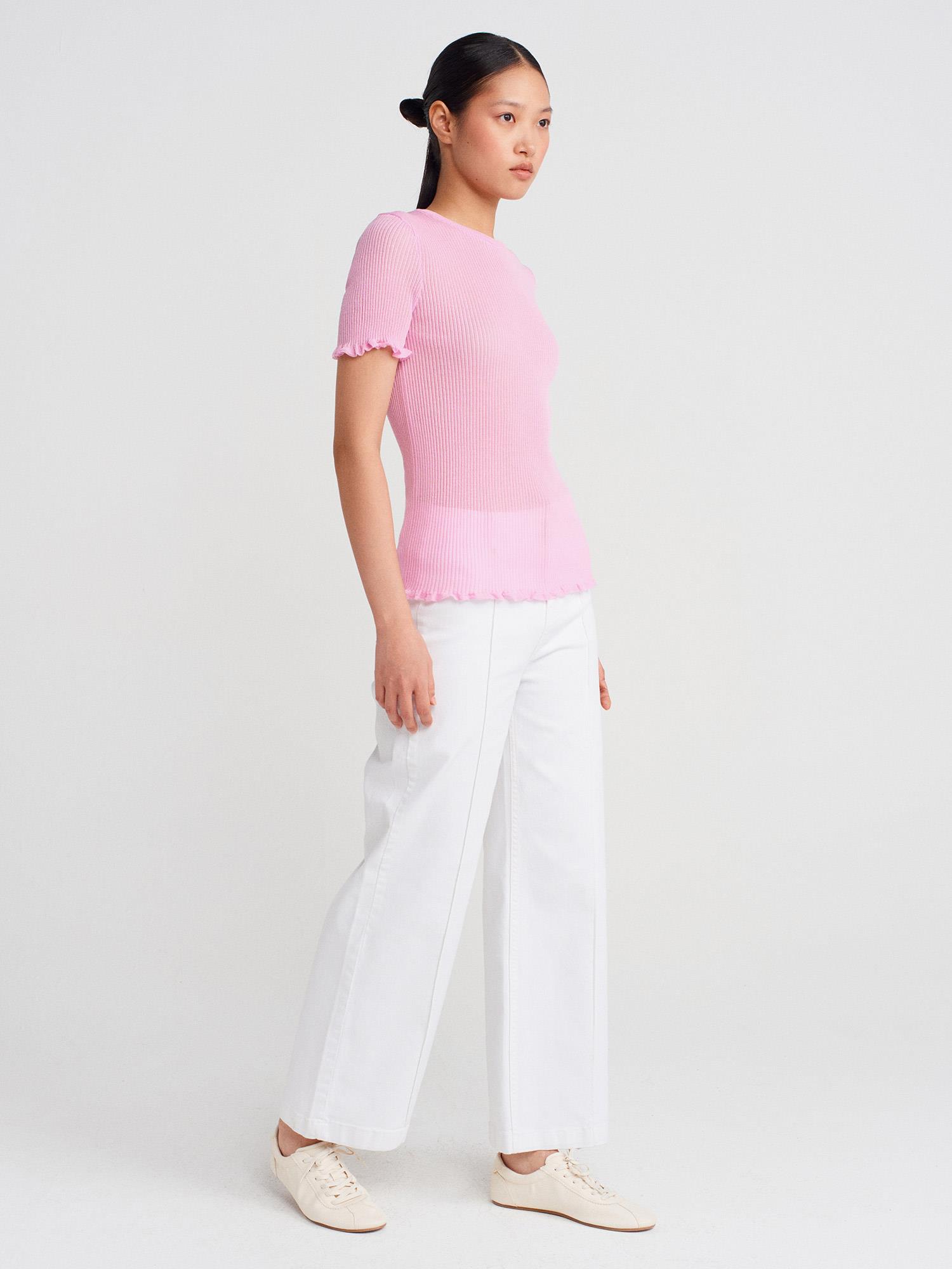 Wholesale Women's Pink Short-Sleeve Fine Knit Crew-Neck Blouse with Ruffled Trim 0431W26-10783