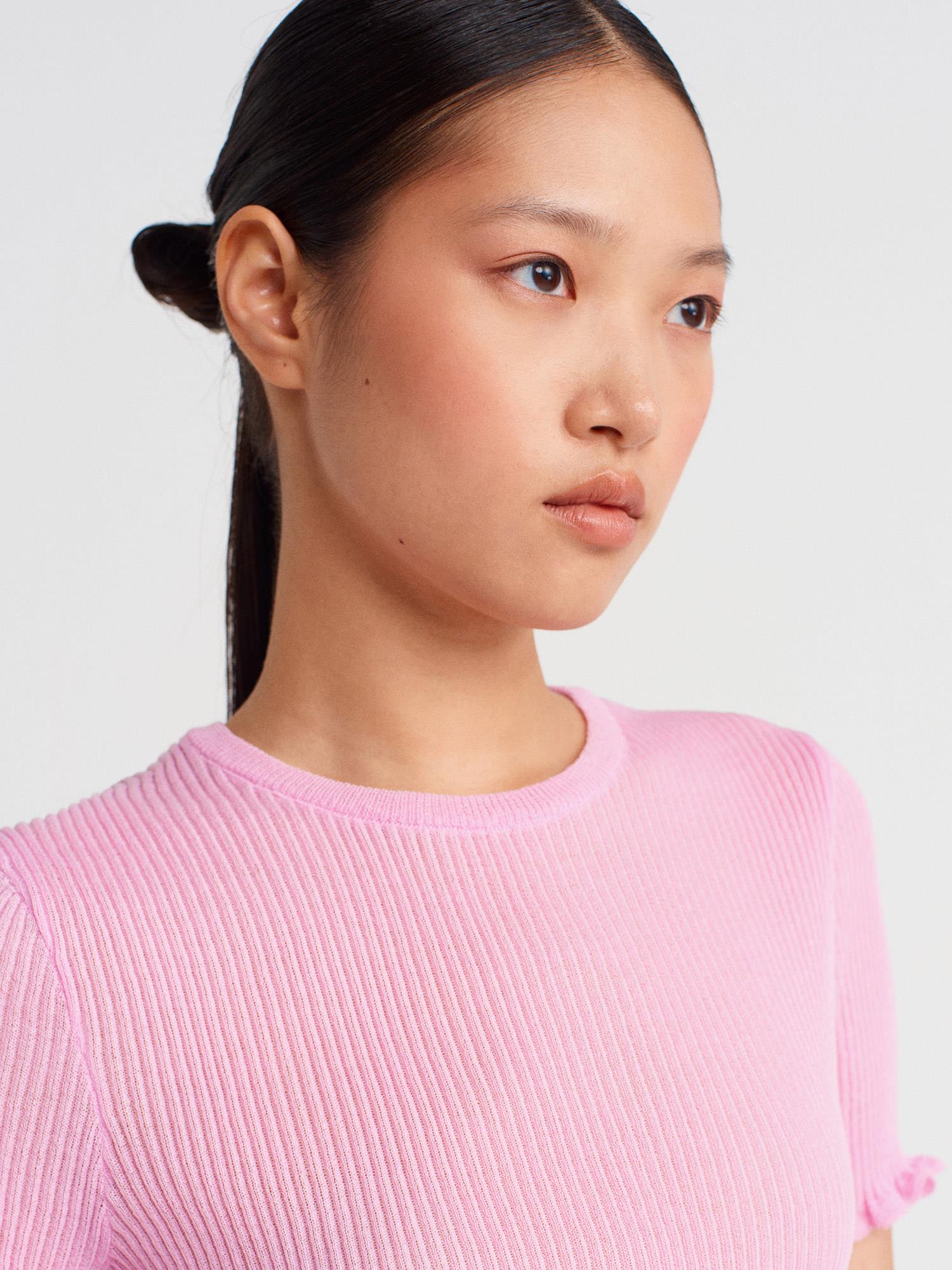 Wholesale Women's Pink Short-Sleeve Fine Knit Crew-Neck Blouse with Ruffled Trim 0431W26-10783