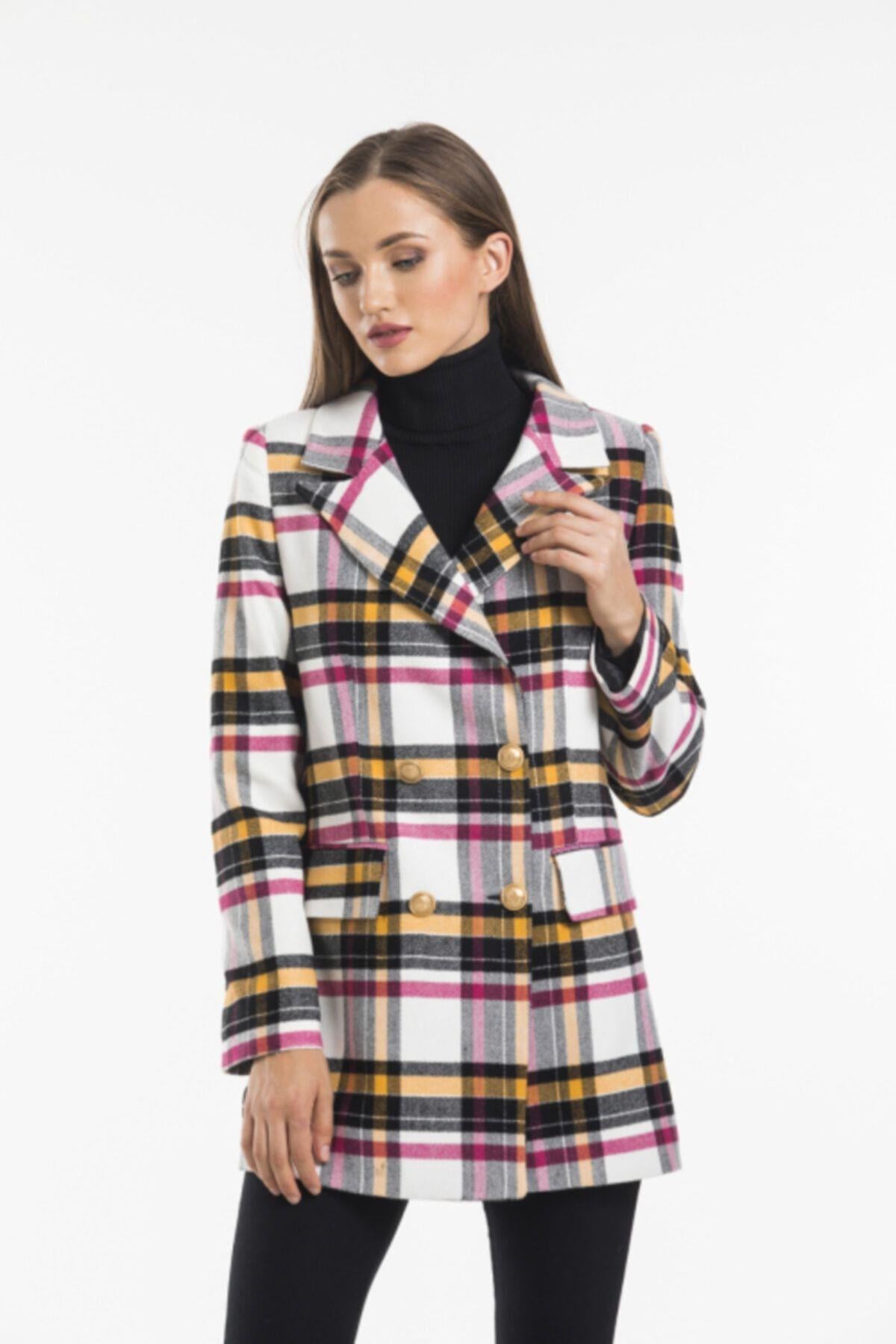 Wholesale Women's Pink Yellow Striped Gold Button Jacket