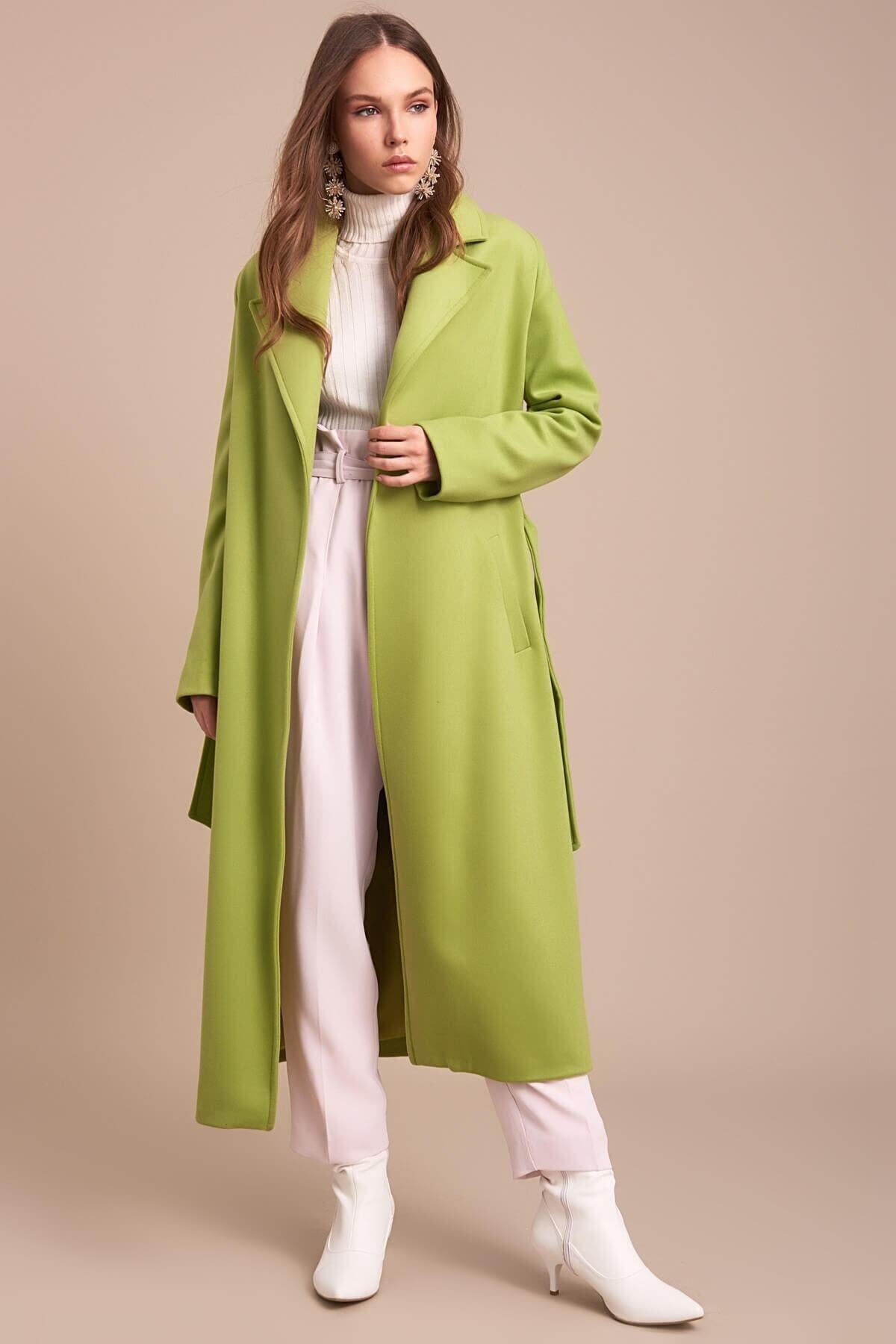 Wholesale Women's Pistachio Green Lapel Long Belted Coat