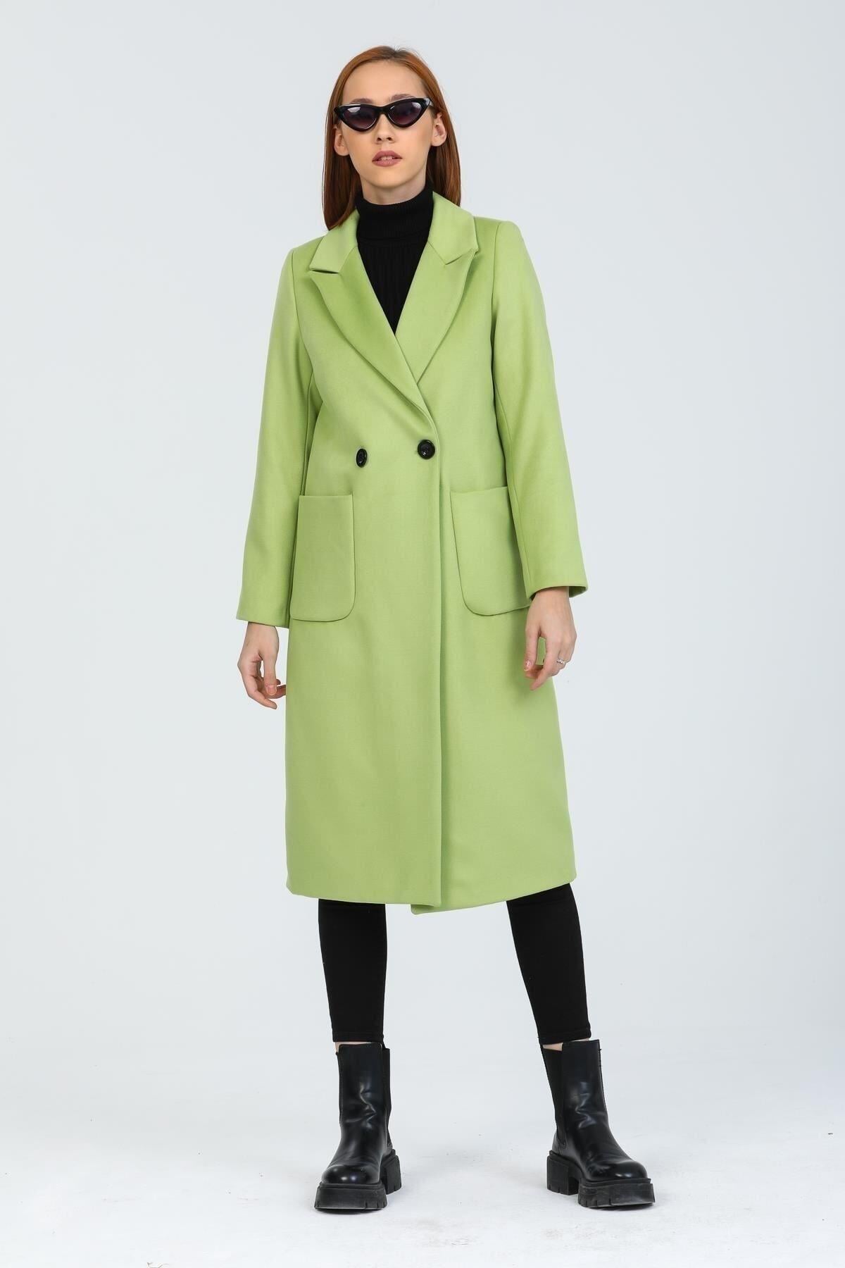 Wholesale Women's Pistachio Green Wool Buttoned Coat