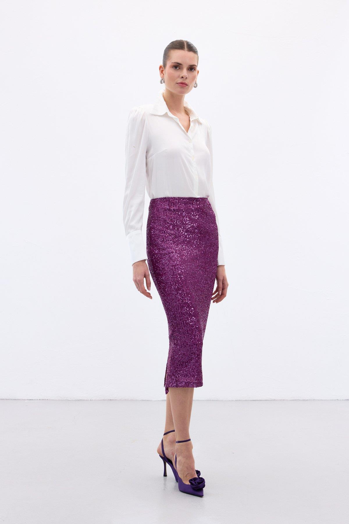 Wholesale Women's Plum Midi-Length Sequined Pencil Skirt 0033-2093-4524