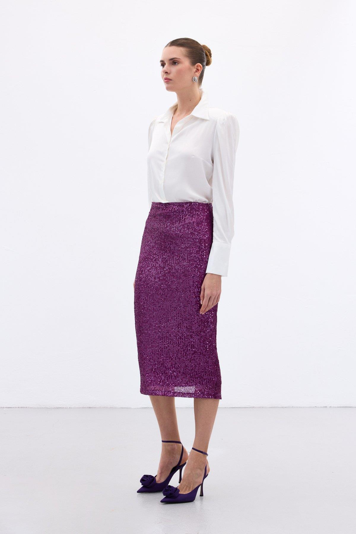 Wholesale Women's Plum Midi-Length Sequined Pencil Skirt 0033-2093-4524