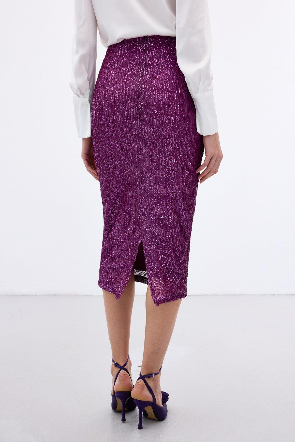 Wholesale Women's Plum Midi-Length Sequined Pencil Skirt 0033-2093-4524