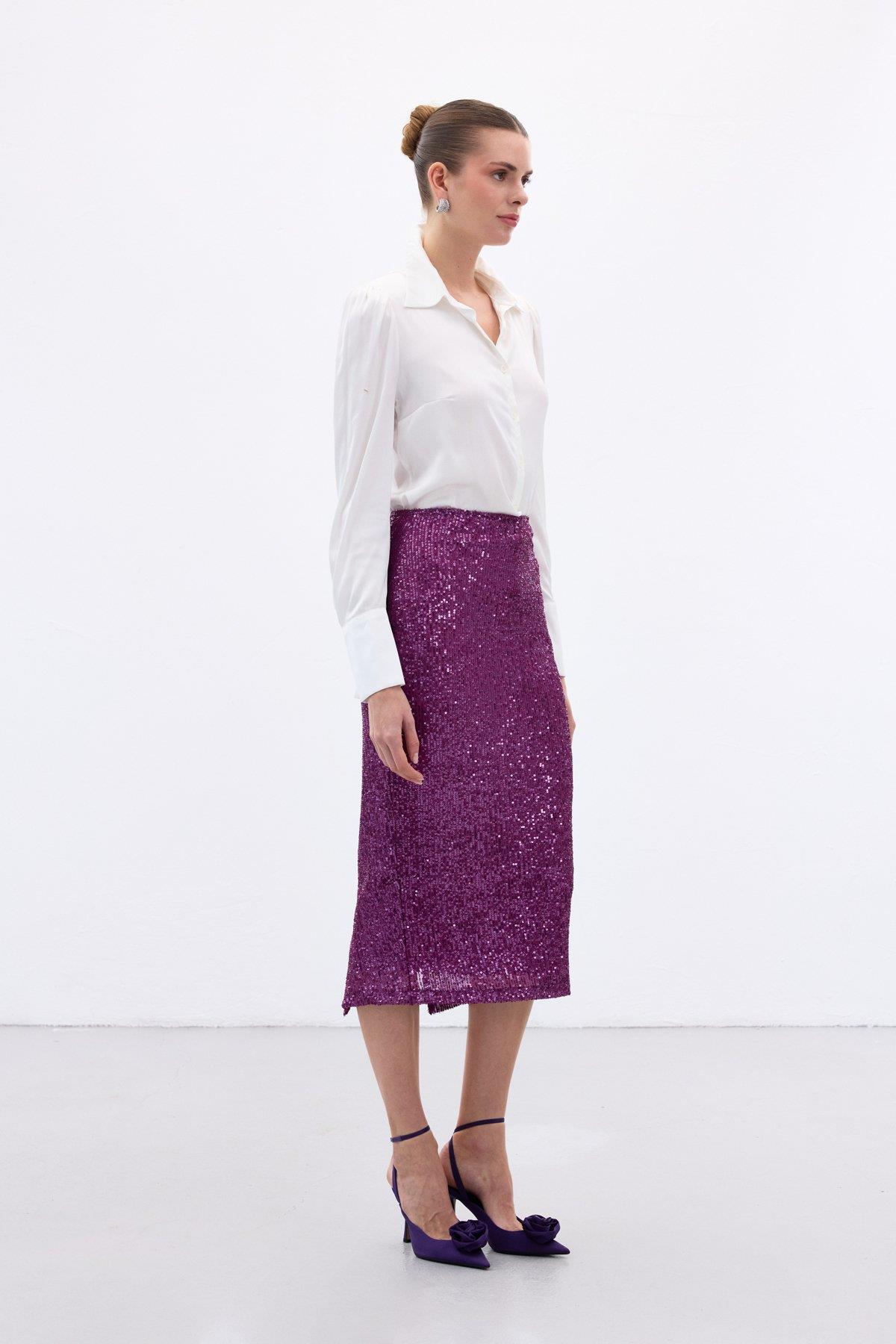 Wholesale Women's Plum Midi-Length Sequined Pencil Skirt 0033-2093-4524