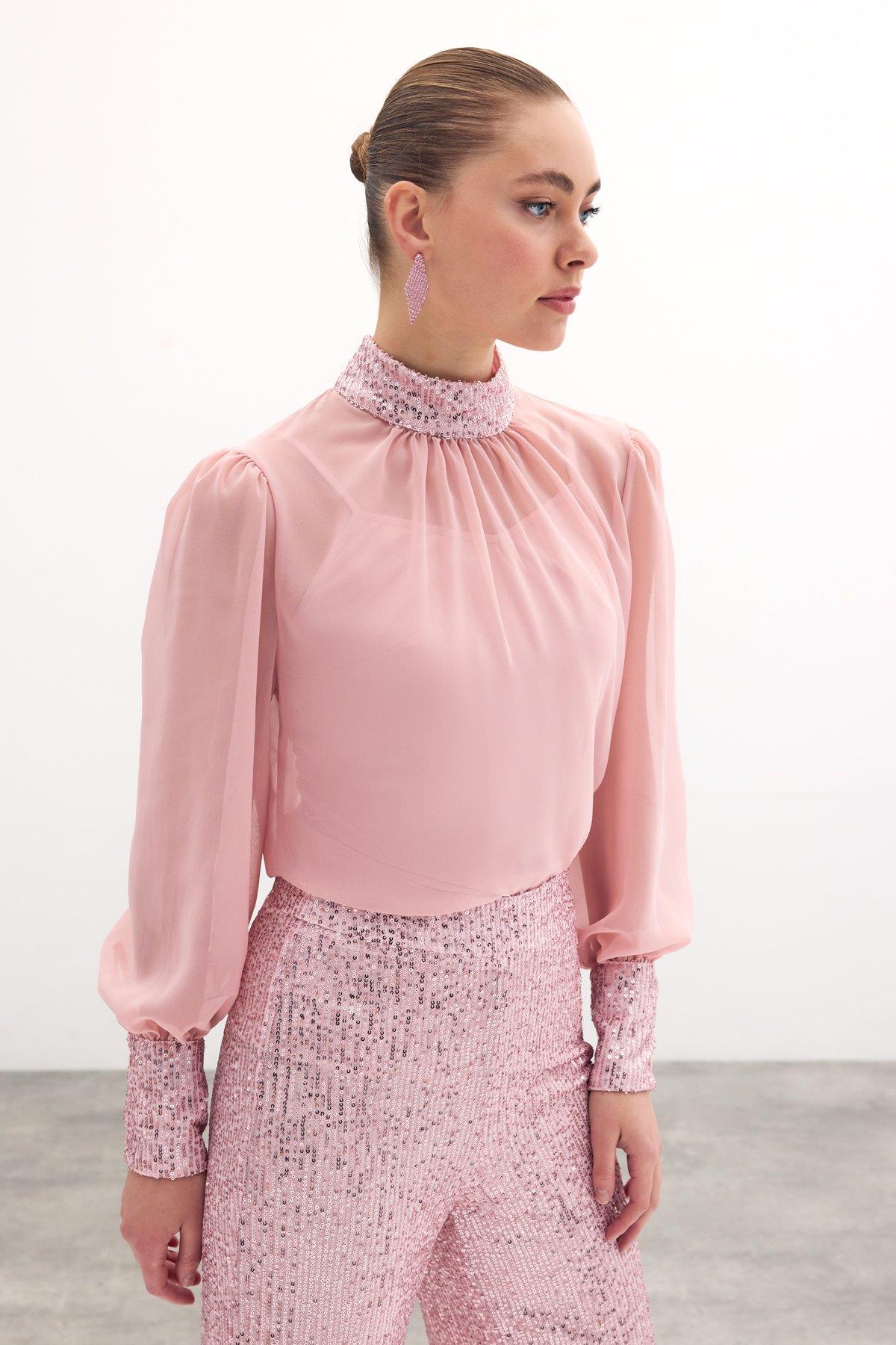 Wholesale Women's Powder Chiffon Blouse with Sequin-Embellished Collar and Cuffs 0033-1676-1552