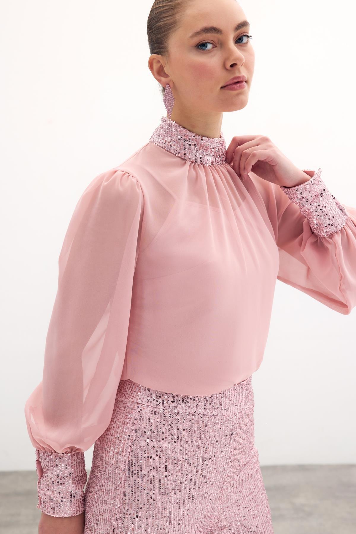 Wholesale Women's Powder Chiffon Blouse with Sequin-Embellished Collar and Cuffs 0033-1676-1552