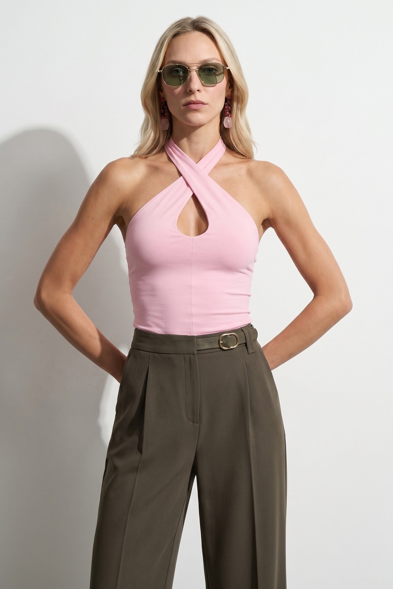 Wholesale Women's Powder Pink Cross-Front Halter Top 0431-21267