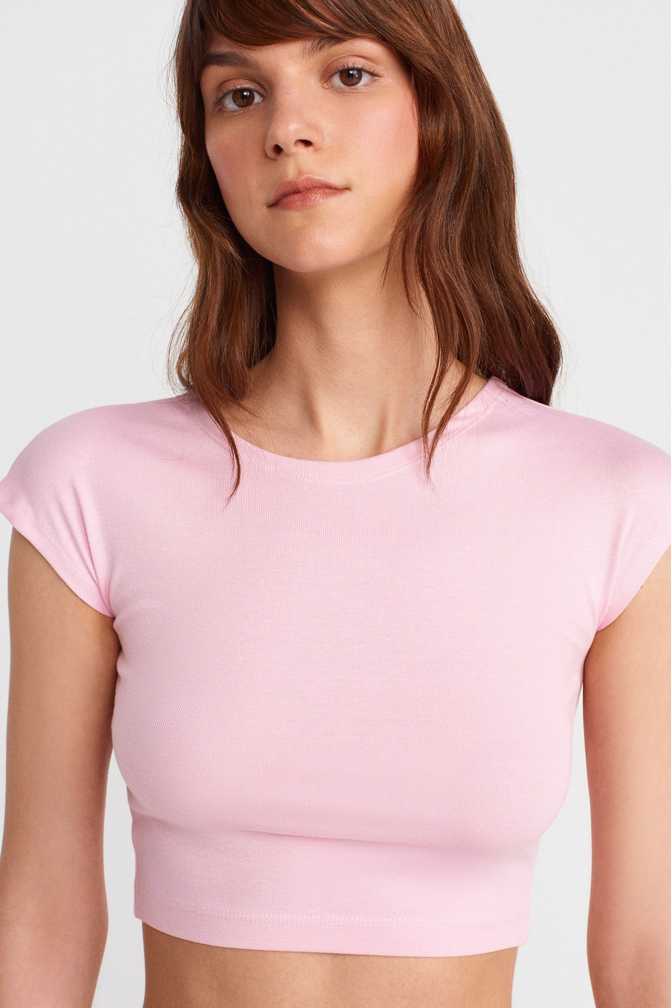 Wholesale Women's Powder Pink Modal-Cotton Cropped T-Shirt 0431-30528