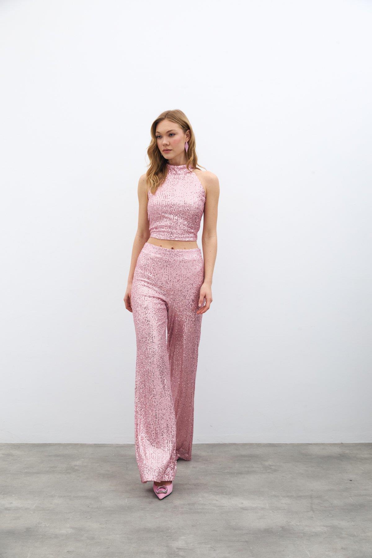 Wholesale Women's Powder Sequined Loose-Fit Trousers 0033-2075-5519