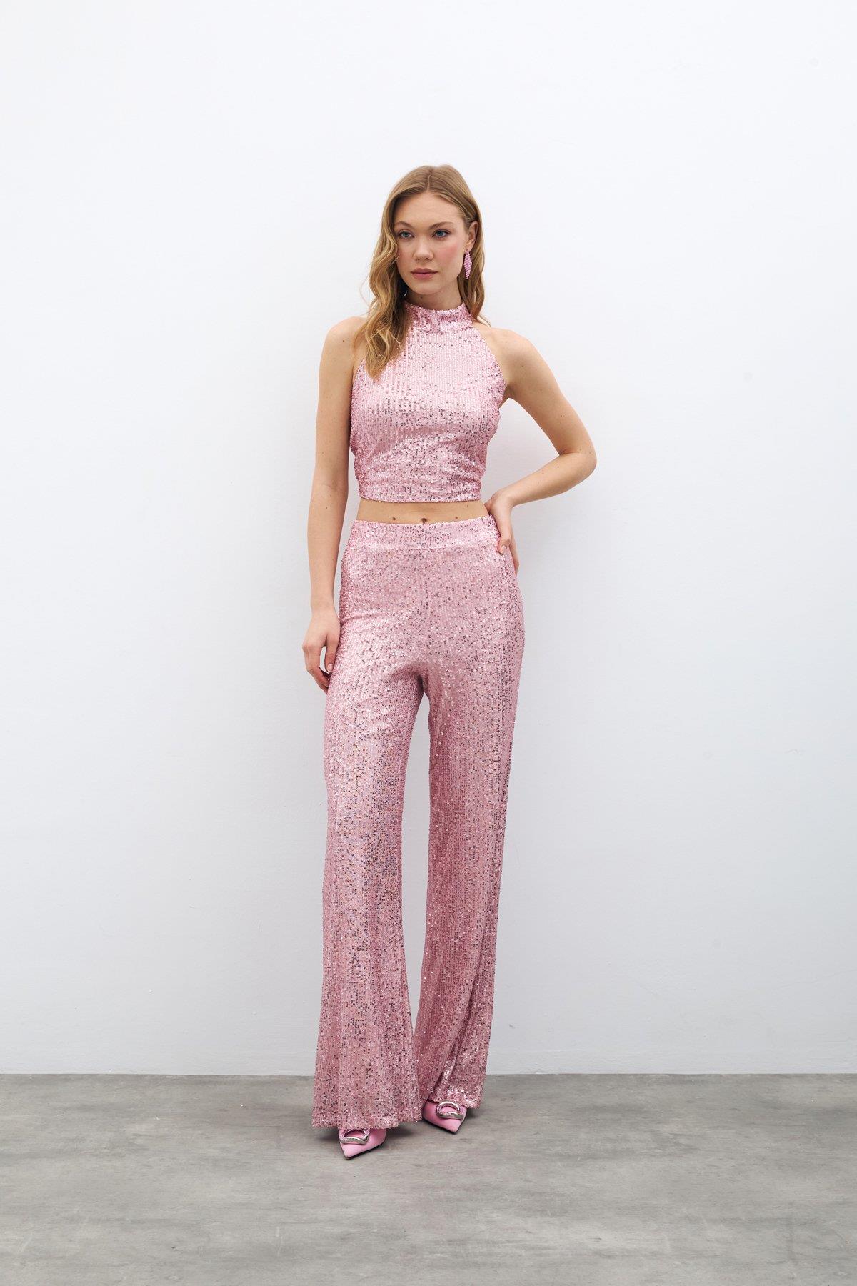 Wholesale Women's Powder Sequined Loose-Fit Trousers 0033-2075-5519