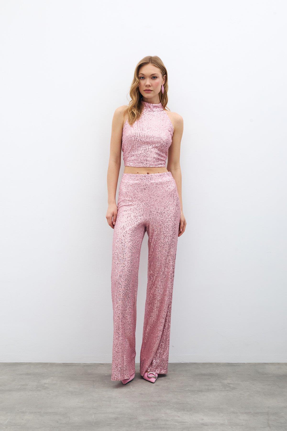 Wholesale Women's Powder Sequined Loose-Fit Trousers 0033-2075-5519