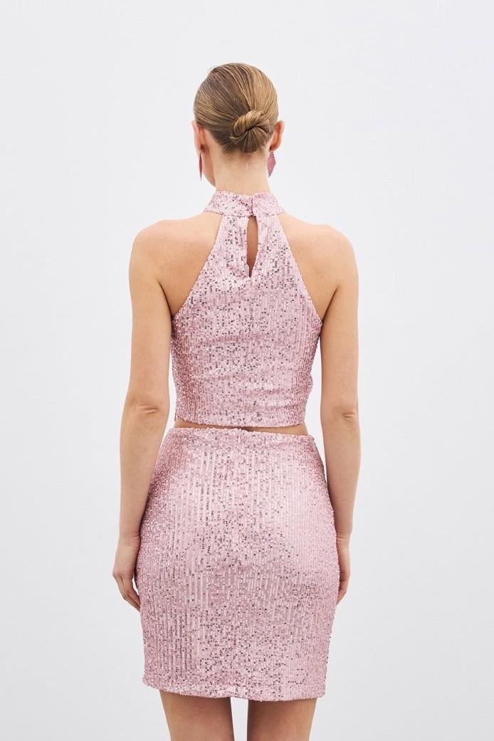 Wholesale Women's Powder Sleeveless Mock-Neck Sequined Blouse 0033-1311-1511