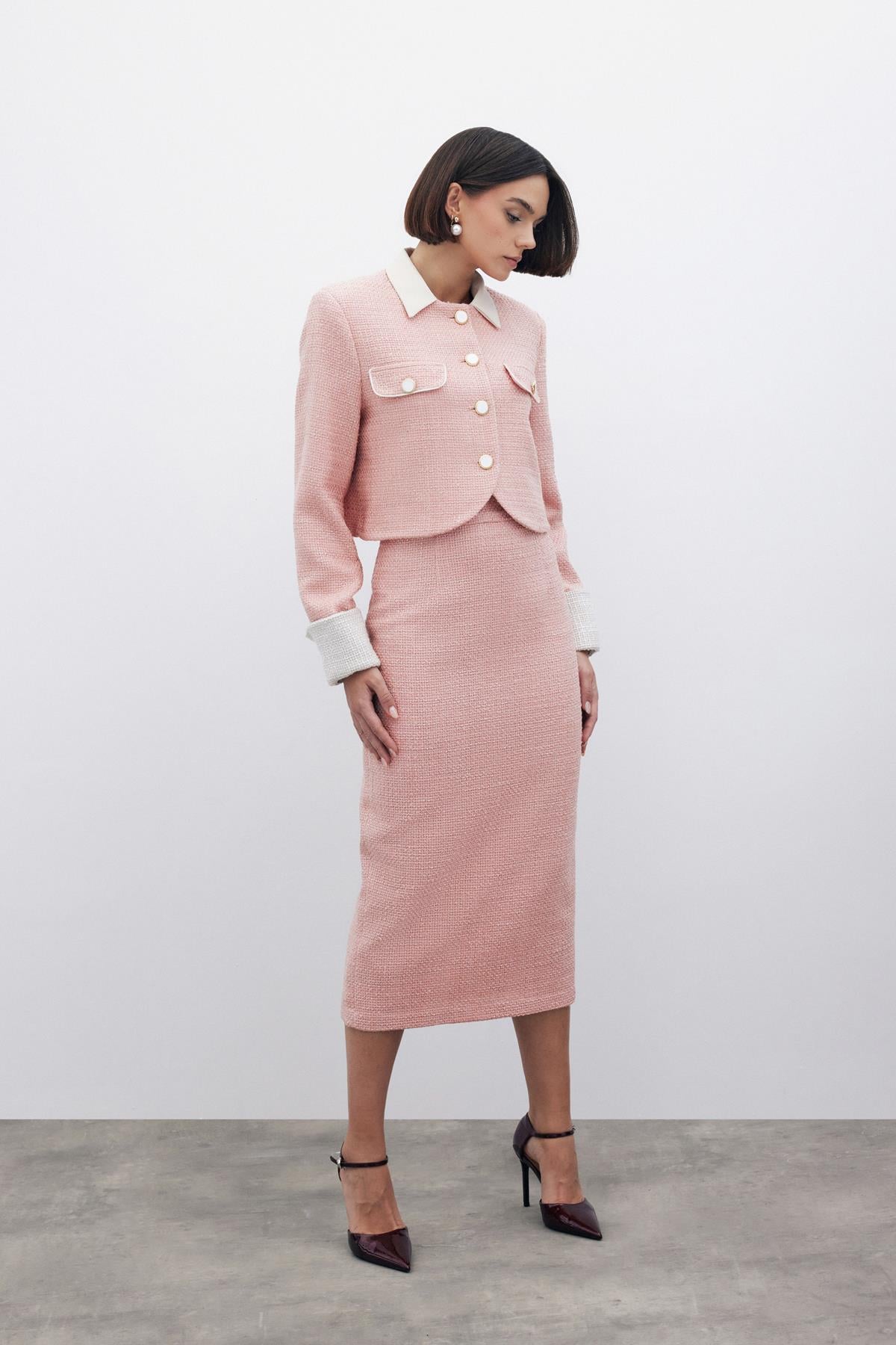 Wholesale Women's Powder Tweed Midi Skirt 0033-1548-4511