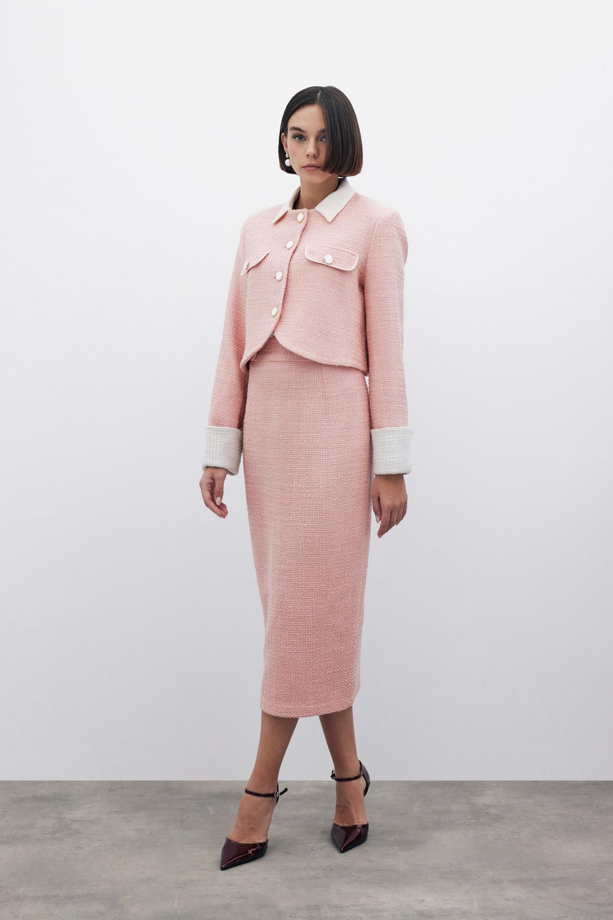 Wholesale Women's Powder Tweed Midi Skirt 0033-1548-4511