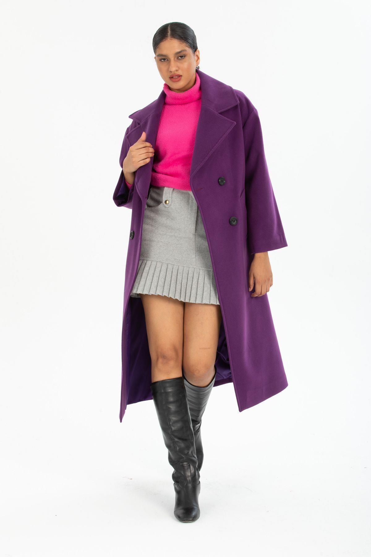 Wholesale Women's Purple Black Buttoned Oversized Lined Coat