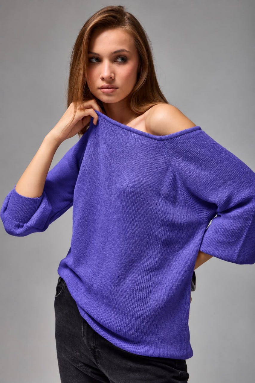 Wholesale Women's Purple Boat-Neck Mercerized Knit Sweater with Raglan Sleeves 0037-3322