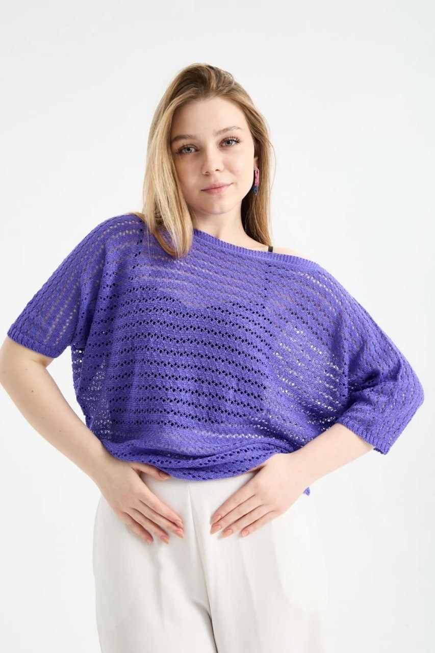 Wholesale Women's Purple Boat Neck Mercerized Openwork Fine Knit Blouse 0037-3619