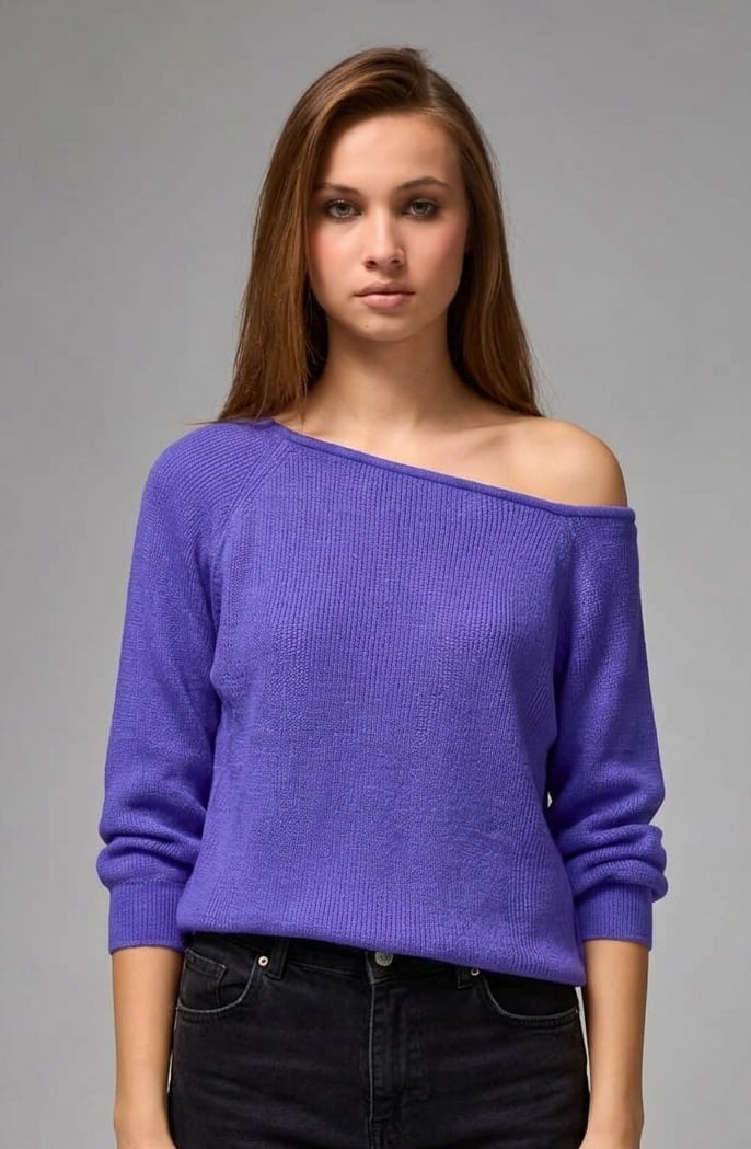 Wholesale Women's Purple Boat-Neck Mercerized Knit Sweater with Raglan Sleeves 0037-3322