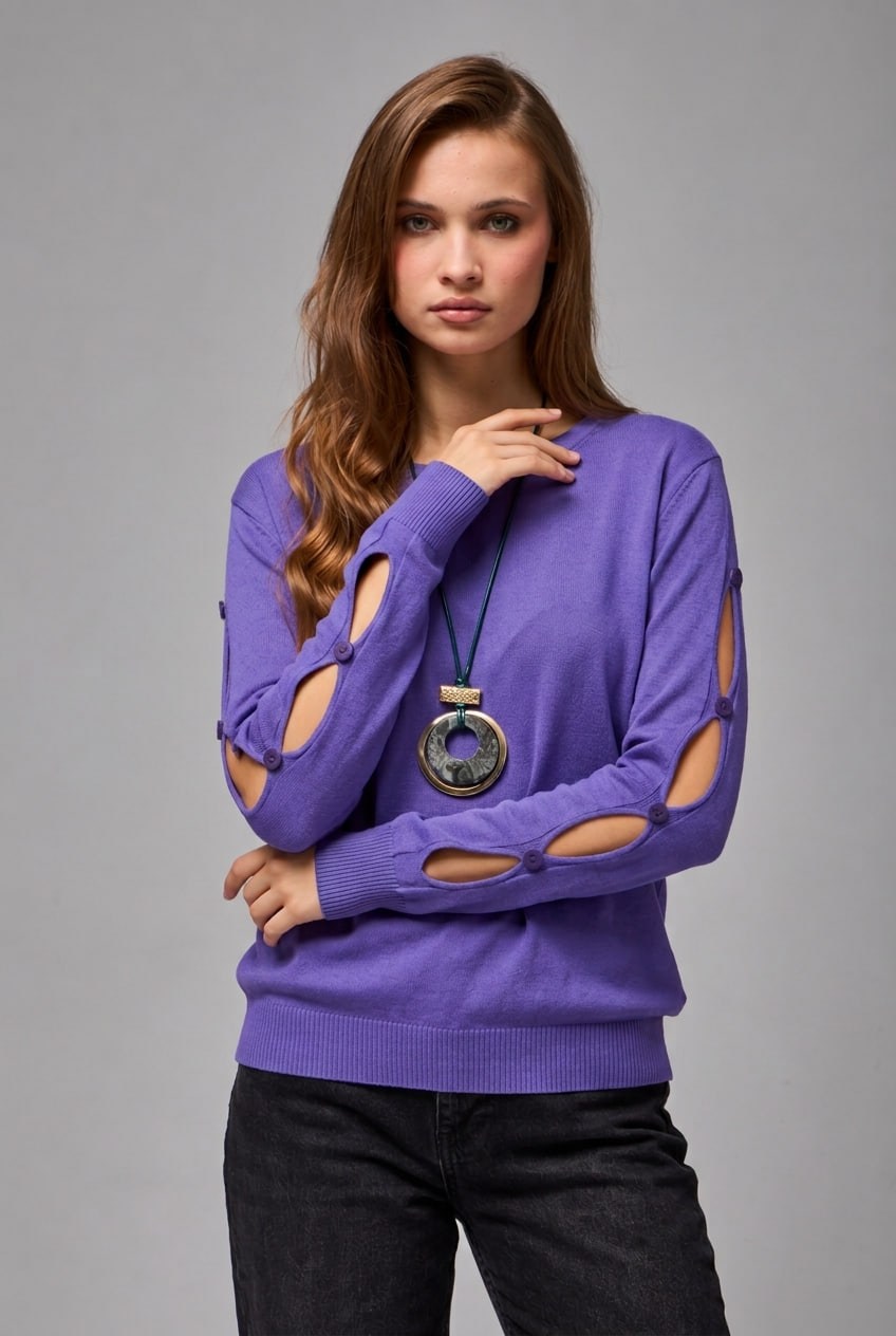 Wholesale Women's Purple Buttoned Cut-Out Sleeve Knit Sweater 0037-3727