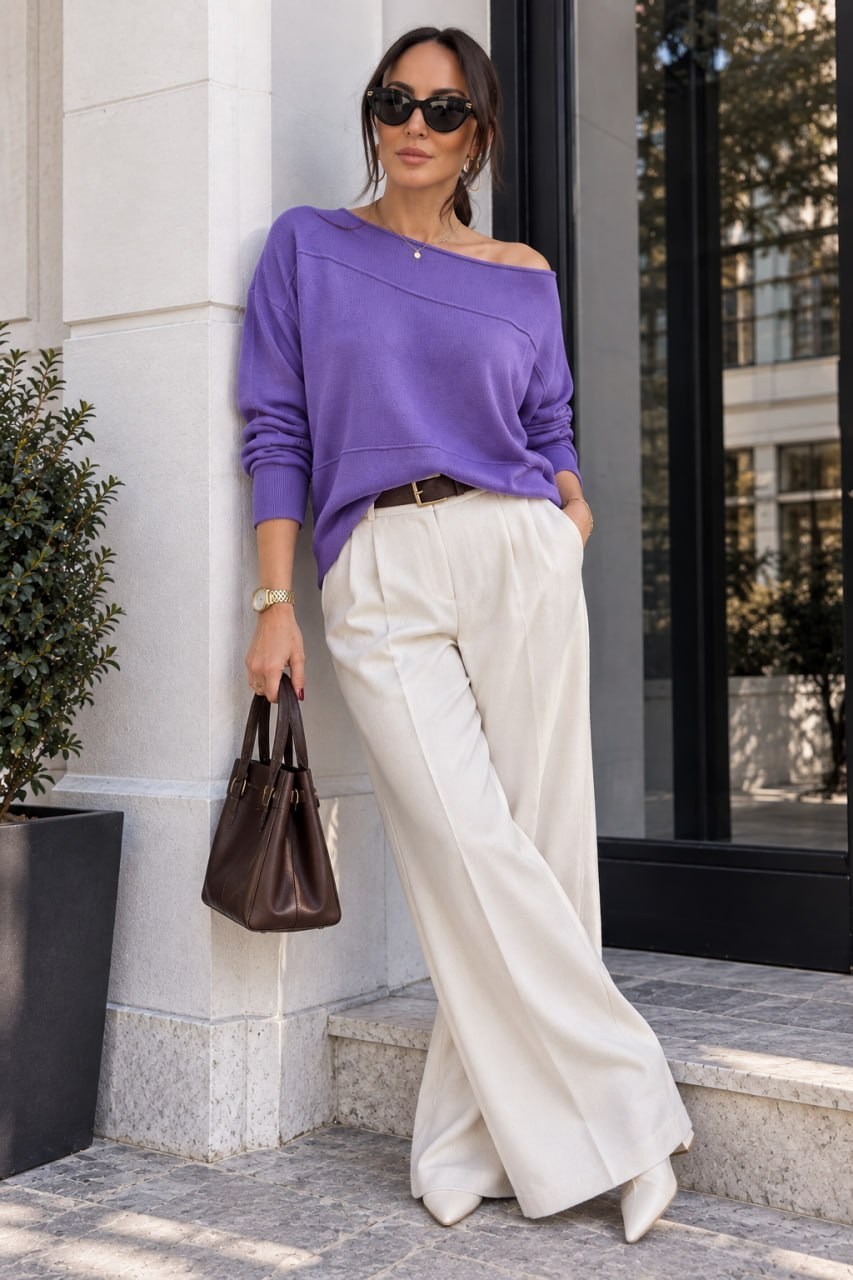 Wholesale Women's Purple Fine Knit Sweater with Boat Neck and Drop Shoulders 0037-8540