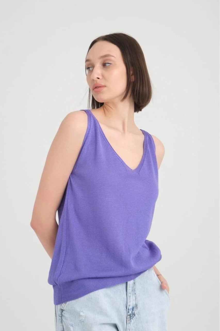 Wholesale Women's Purple Mercerized Knit Top with Front and Back V-Neck 0037-3360