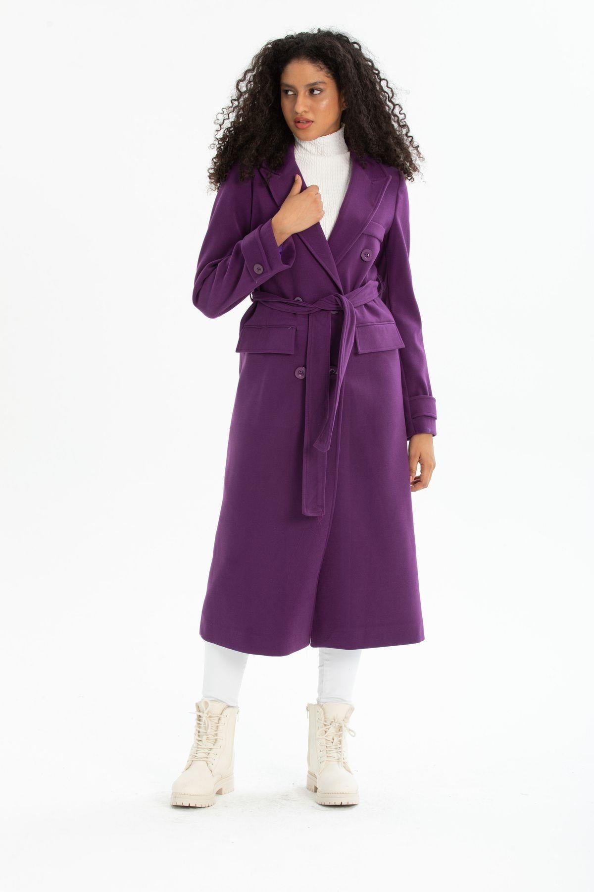 Wholesale Women's Purple Wool Belted Notched Collar Lined Coat