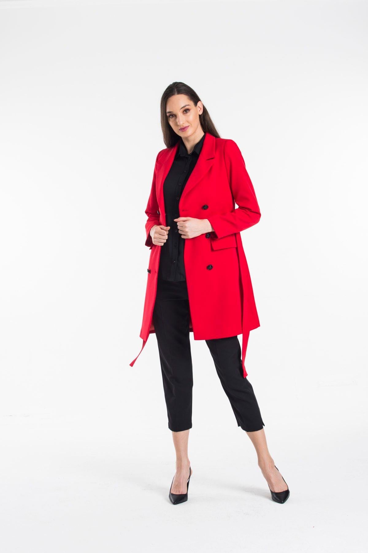 Wholesale Women's Red Black Double-Breasted Long Jacket
