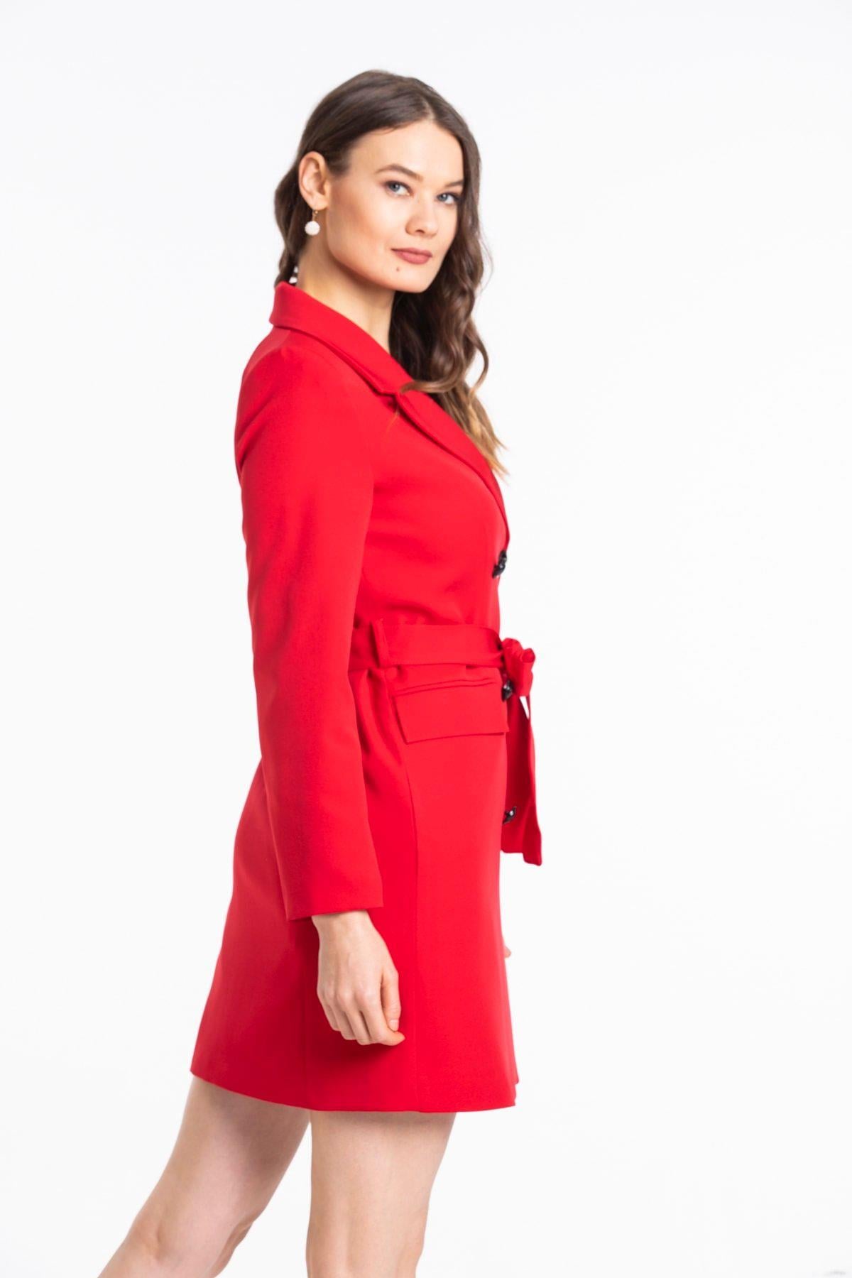 Wholesale Women's Red Black Double-Breasted Long Jacket