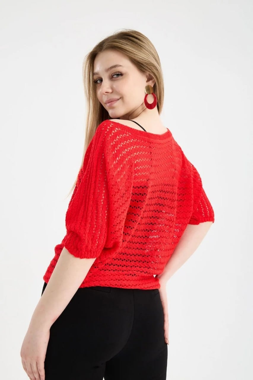 Wholesale Women's Red Boat Neck Mercerized Openwork Fine Knit Blouse 0037-3619