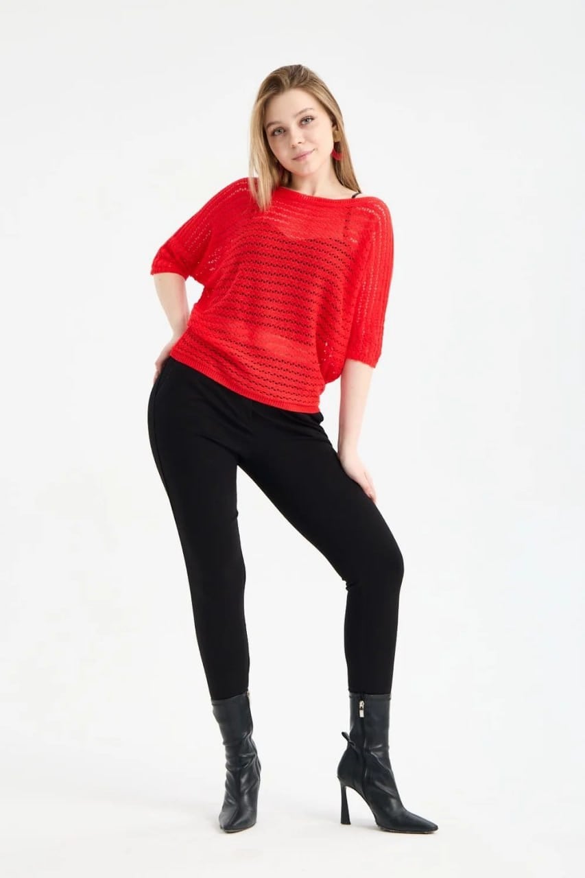 Wholesale Women's Red Boat Neck Mercerized Openwork Fine Knit Blouse 0037-3619