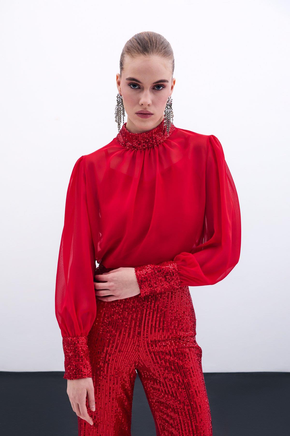 Wholesale Women's Red Chiffon Blouse with Sequin-Embellished Collar and Cuffs 0033-1676-1552