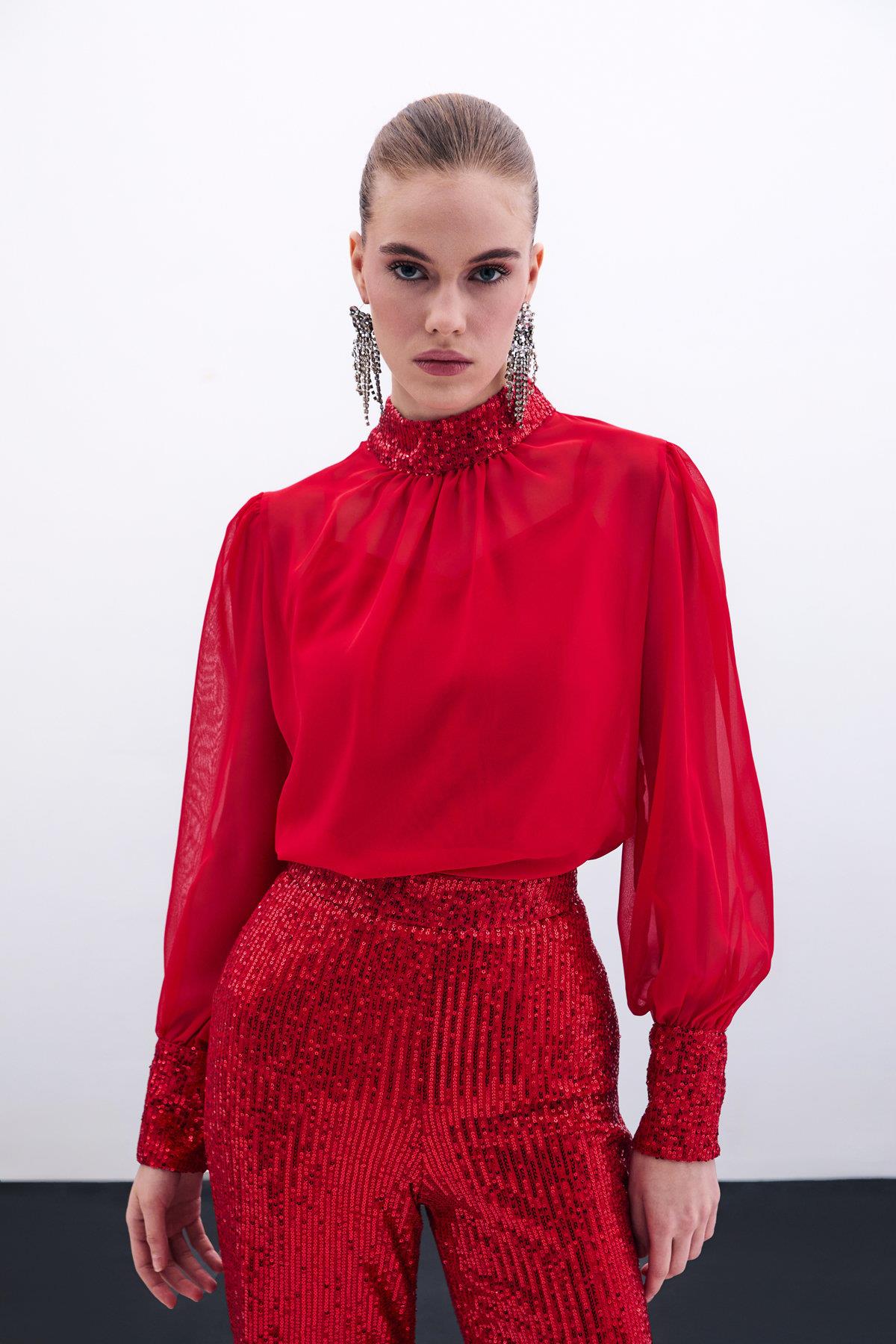Wholesale Women's Red Chiffon Blouse with Sequin-Embellished Collar and Cuffs 0033-1676-1552