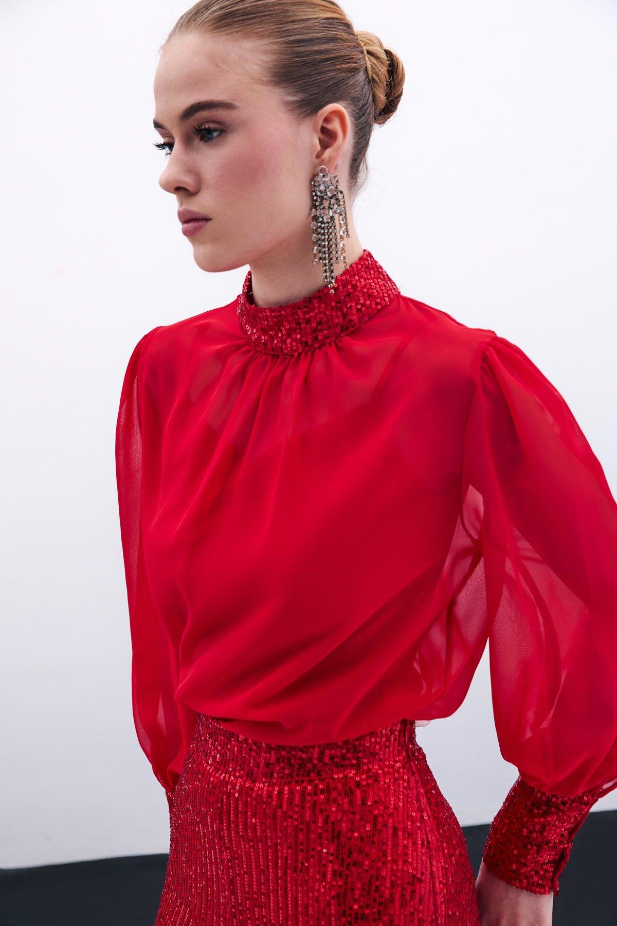 Wholesale Women's Red Chiffon Blouse with Sequin-Embellished Collar and Cuffs 0033-1676-1552