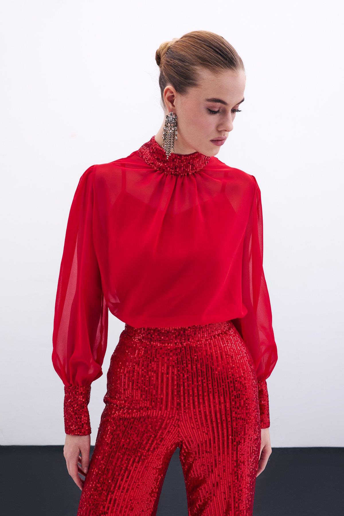 Wholesale Women's Red Chiffon Blouse with Sequin-Embellished Collar and Cuffs 0033-1676-1552